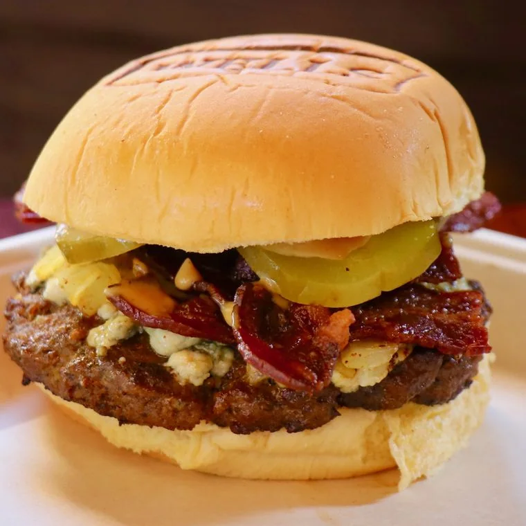 Bacon Blue Burger with blue cheese and grilled onions