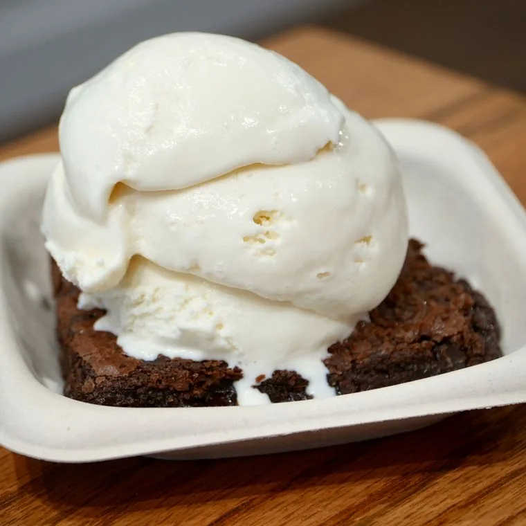 Wells Burgers Express brownie with vanilla ice cream