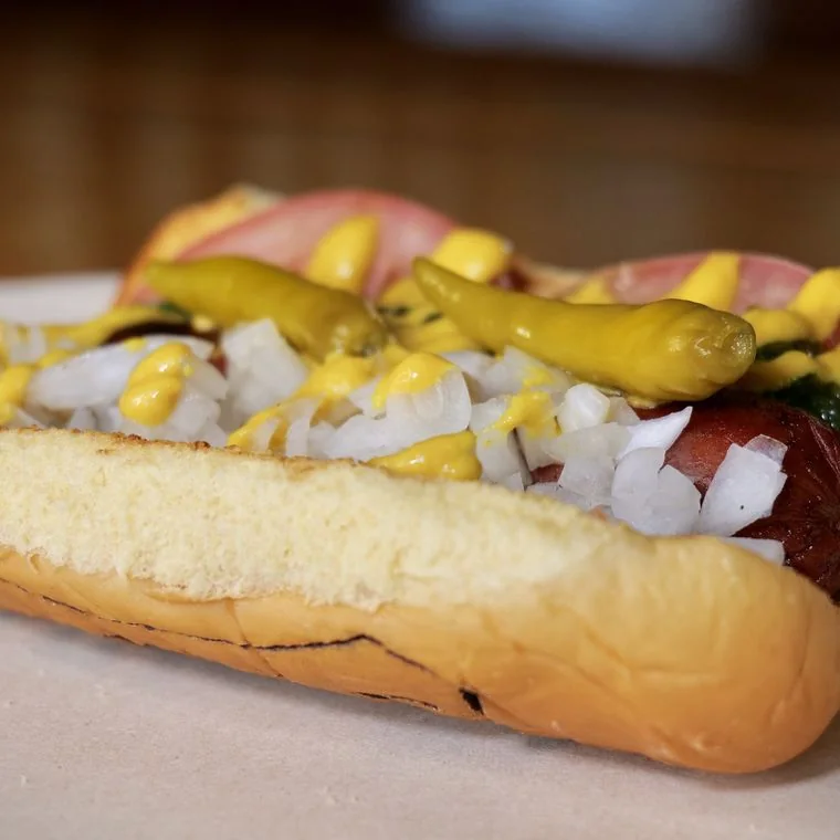 Chicago dog with tomato, sport peppers, relish and mustard